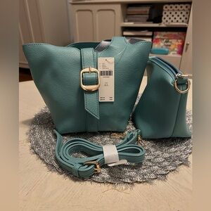 Elegant Turquoise Leather Tote and Crossbody Set